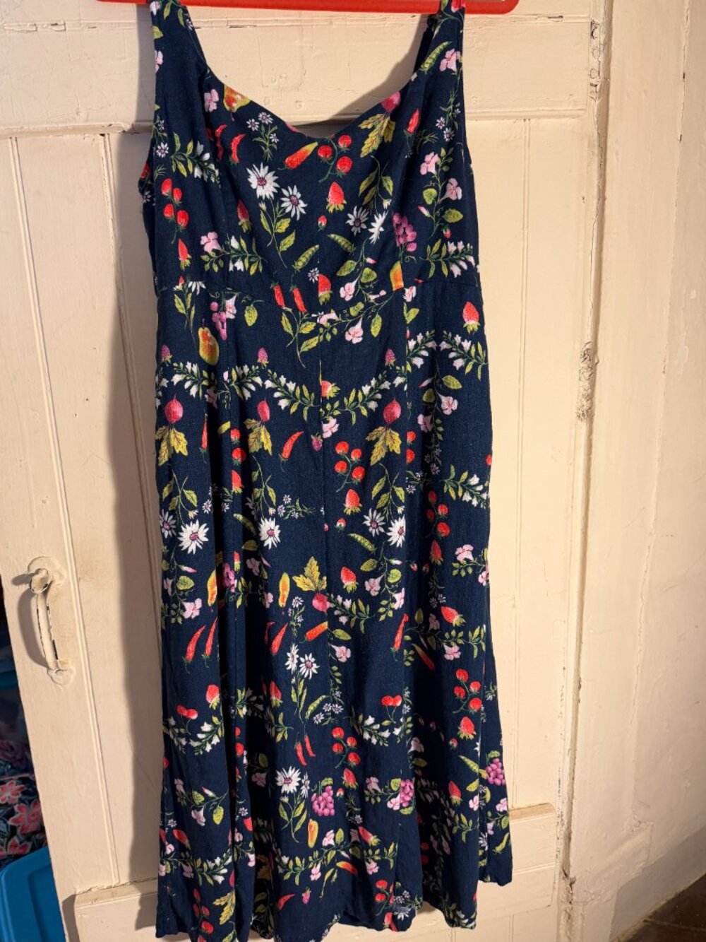 Old Navy Fit & Flare Sleeveless Linen Blend "Mixed Fruit" Print Midi Dress Sz L - Picture 2 of 7